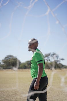 pexels photo 17376285 17376285 Side view of a soccer player walking on a sunny field in Botswana.